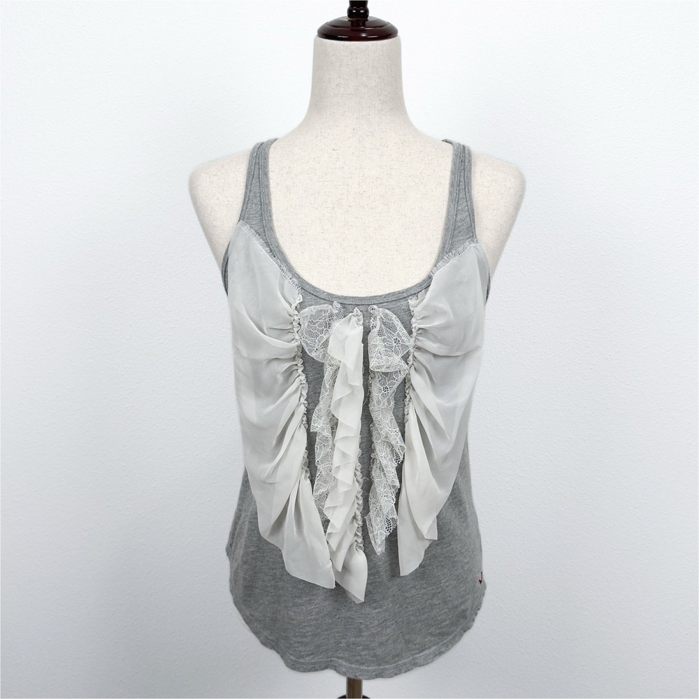 Hollister Y2K Vintage Top Womens M Gray Tank Top Lace Ruffle Dainty Fairy Whimsy